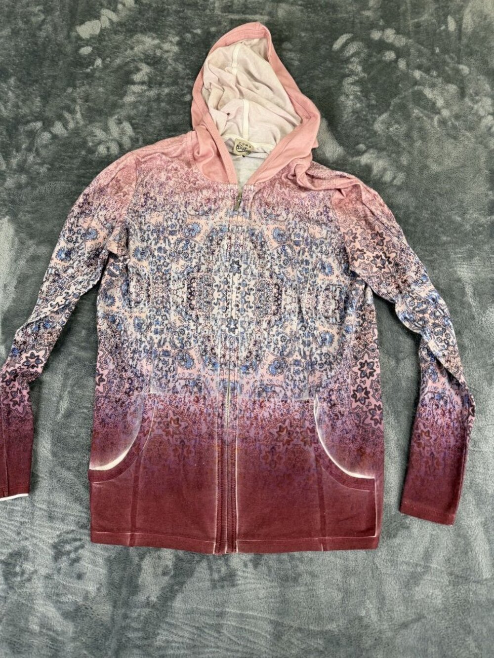 Como Vintage Womens Pink Blue Floral Gradient Zip-Up Hoodie L